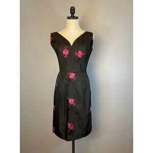 Vintage 1970s Black and Red Roses Taffeta Wiggle Dress Emboidered Floral Pin Up